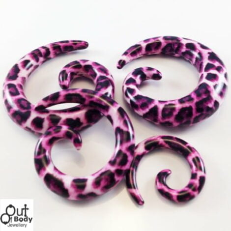 Acrylic Spiral Taper Plug In Pink W/ Maroon Leopard Print