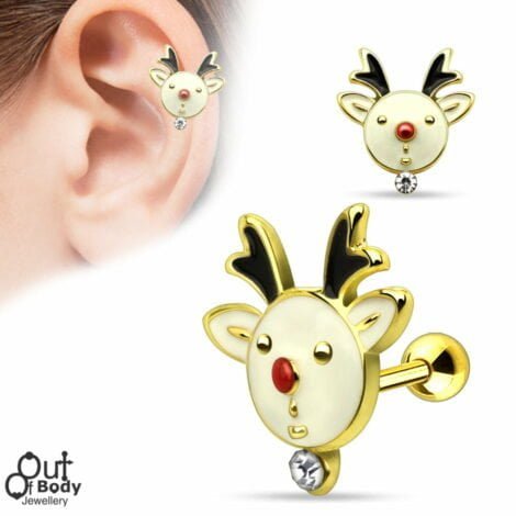 Christmas Cartilage/Tragus Barbell w/ Gem Reindeer In IP Gold