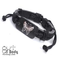 White Butterfly On Black Leather Wristband