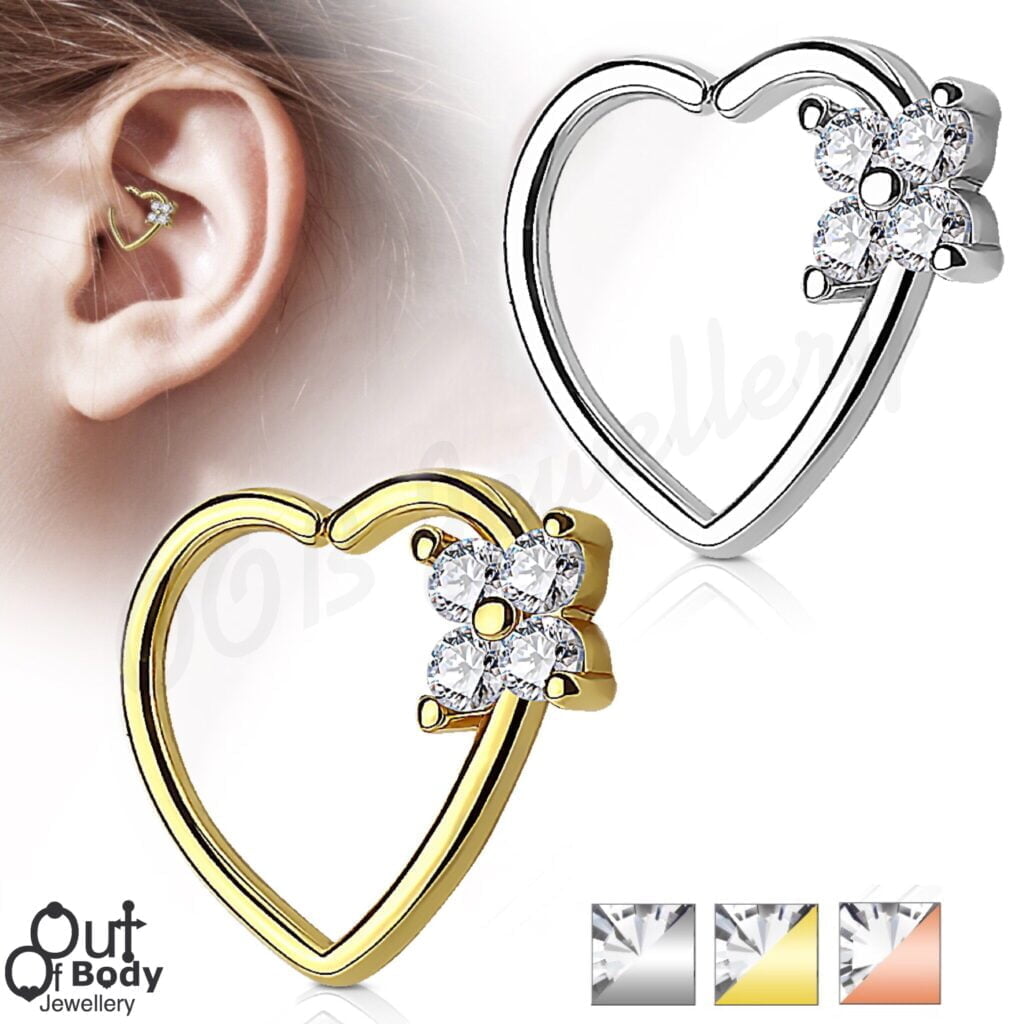 Ear Cartilage Daith Heart Hoop Ring Left Ear W/ Square Set CZ
