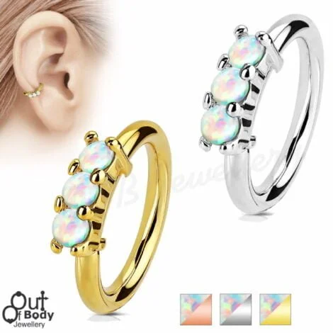 Ear Cartilage Bendable Hoop Ring With 3 Lined White Opals
