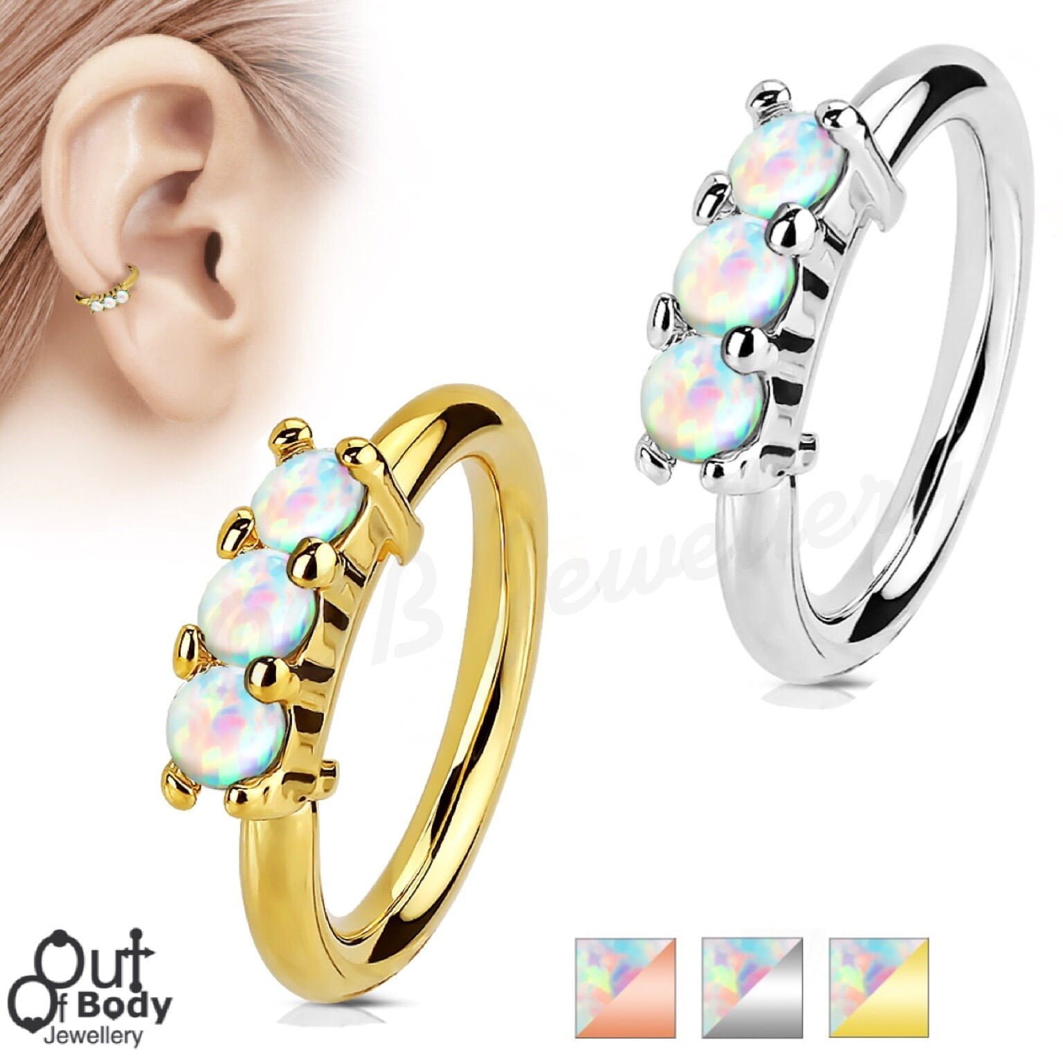 Ear Cartilage Bendable Hoop Ring With 3 Lined White Opals