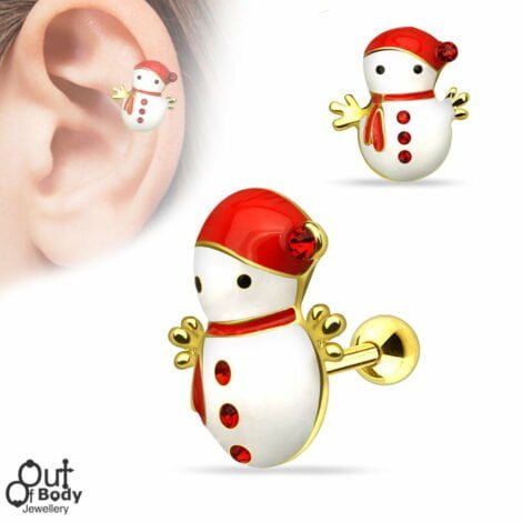 Christmas Cartilage/Tragus Barbell w/ Snowman In IP Gold