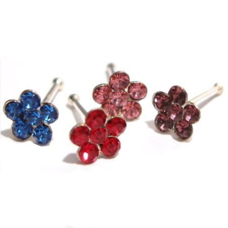 Sterling Silver/ .925 Colourful 6 Crystal Plum Flower Nose Stud
