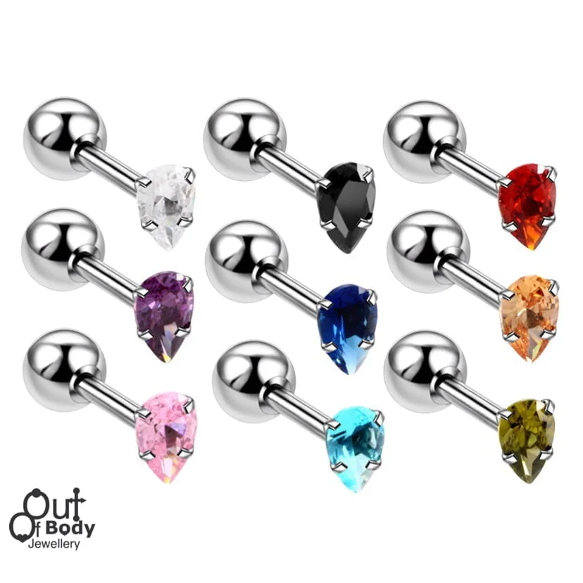 Cartilage/ Tragus Barbells Prong Teardrop CZ Gem Tops