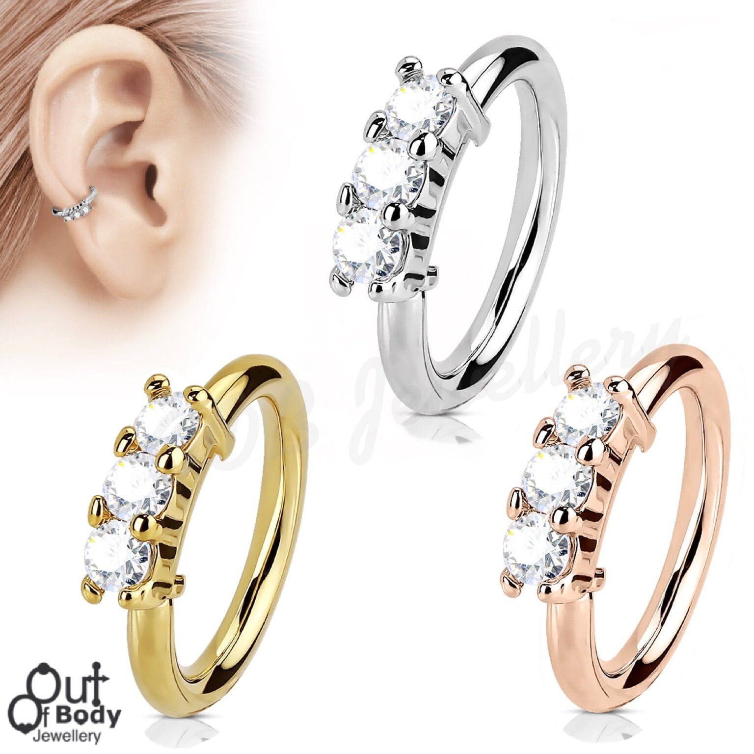 Ear Cartilage Hoop Ring Bendable W/ 3 Lined CZ