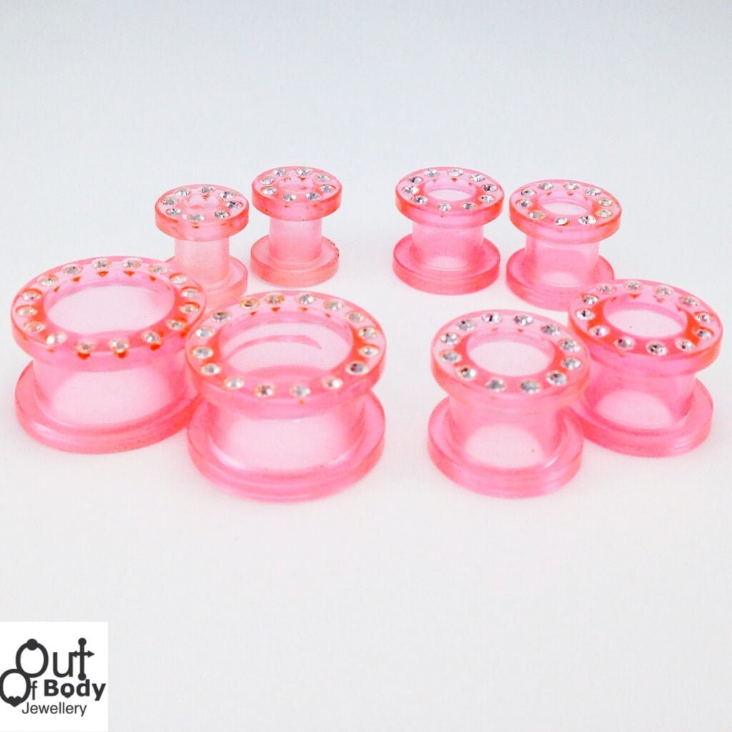 Acrylic Pink Transparent Crystal Paved Threaded Tunnel
