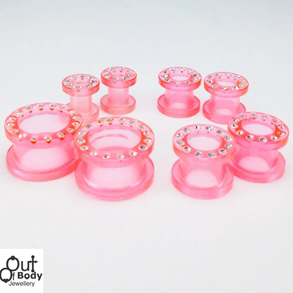 Acrylic Pink Transparent Crystal Paved Threaded Tunnel