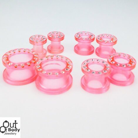 Acrylic Pink Transparent Crystal Paved Threaded Tunnel