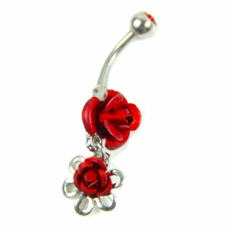 Dangling Double Red Rose W/ Silvery Petals Belly Ring