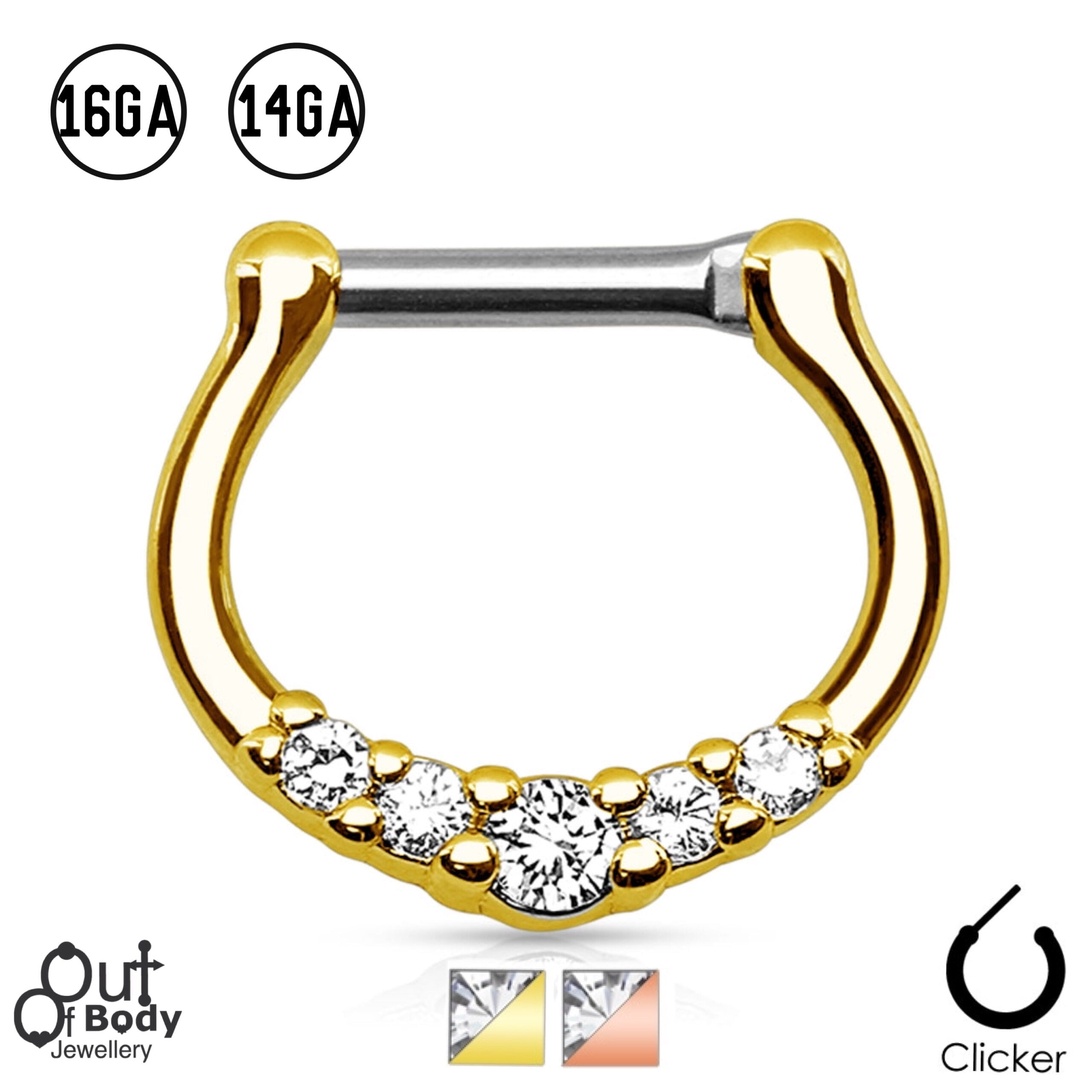 Septum Clicker Petite Bell Curved Gem Nose Ring W/ IP Gold