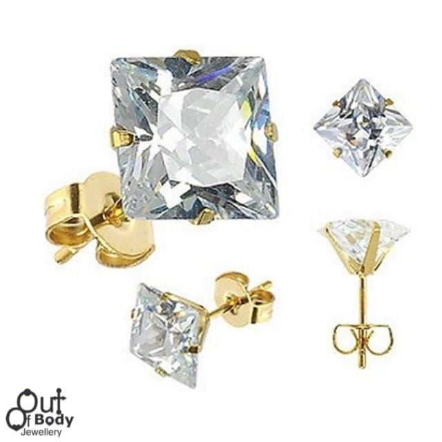 316L Stainless Steel Gold Plated Stud Earrings W/ Square CZ
