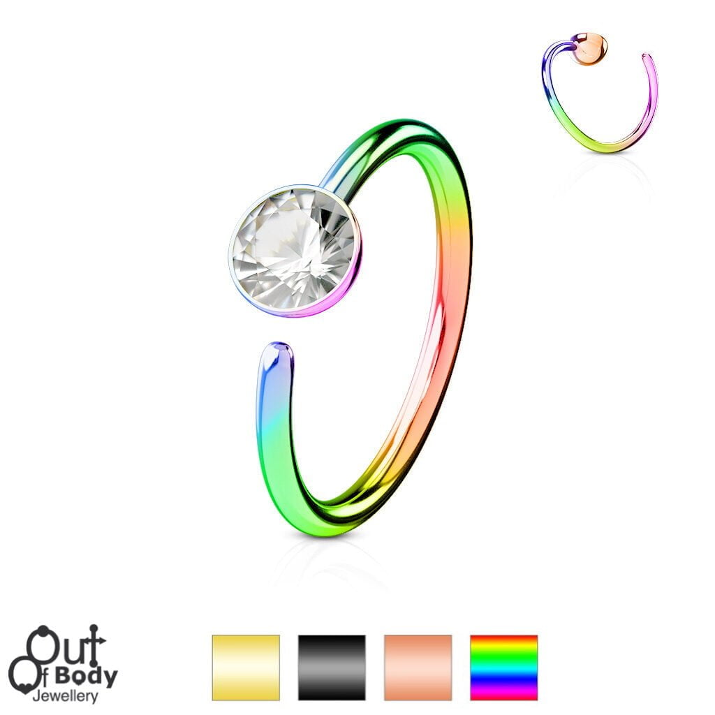 Hoop Nose Ring W/ Clear Gem Ball End In Titanium Colours
