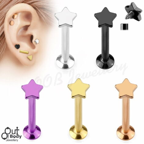 Ear Labret Stud W/ Internal Threaded Flat Star Top IP Titanium