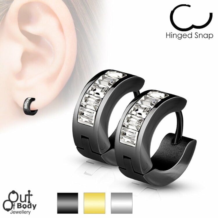 Line Of Square Crystals Hoop Huggie Earrings In Stainless Steel
