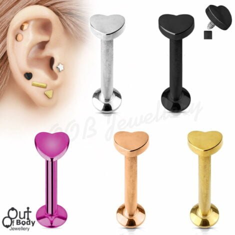 16G Labret W/ Flat Heart Threaded Top In IP Titanium