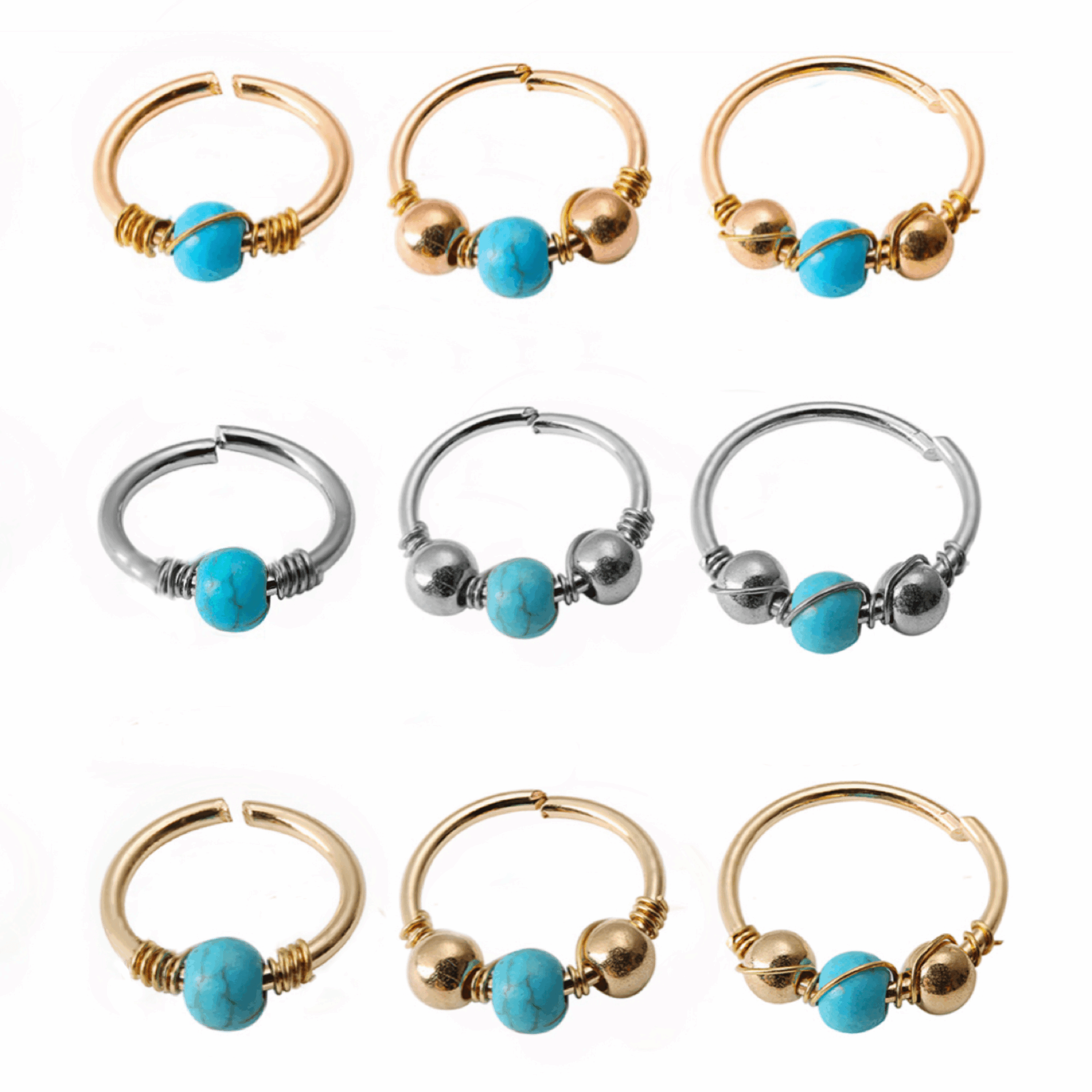 Hoop Nose Ring Handcrafted W/ Turquoise And Beads