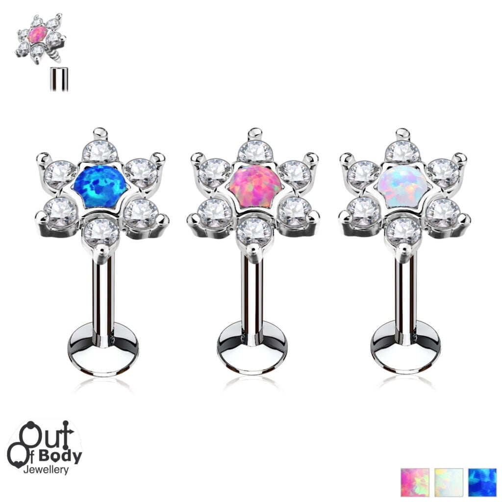 16G Labret Monroe w/ CZ Set Star Top & Centered Opal