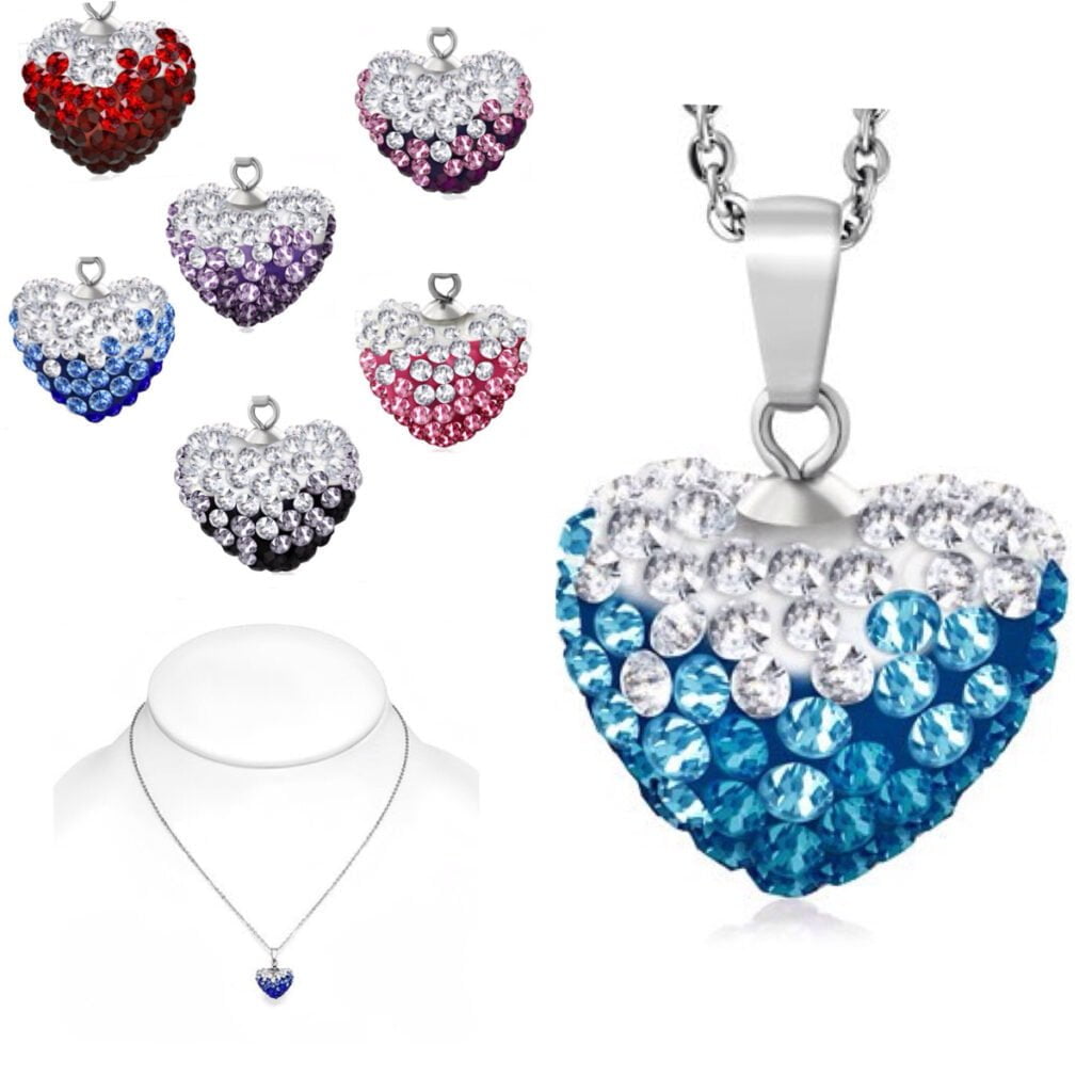Heart Shamballa Necklace In Gradient Crystal W/ Silver Chain