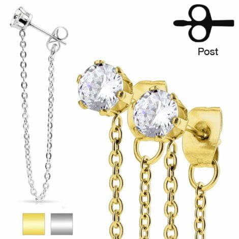 316L S. Steel Chain Drop Pairs Of Prong Set CZ Earrings
