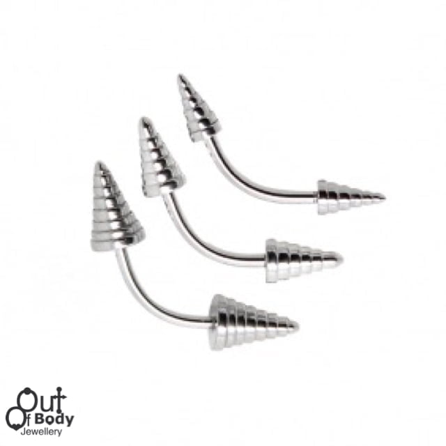 Mixed Size Curved Eyebrow Barbell W/ Etched Spikes In 316L S
