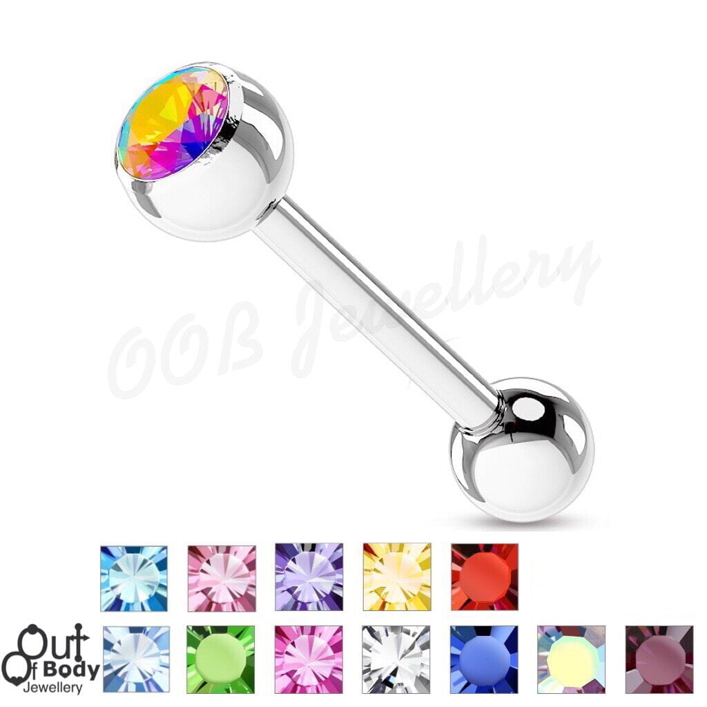316L Steel Tongue Barbell W/ Single CZ Gem Ball
