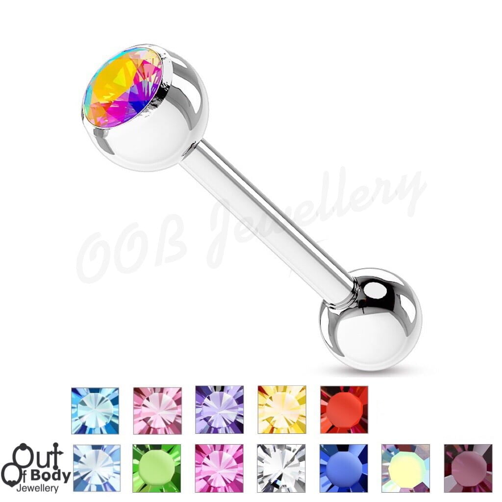 316L Steel Tongue Barbell W/ Single CZ Gem Ball