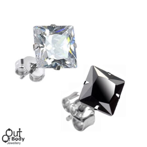 316L Stainless Steel Stud Earrings W/ Princess Cut Square CZ