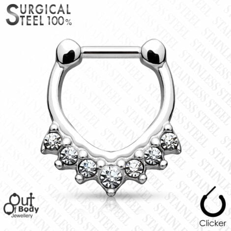 Septum Clicker All 316L Steel With 7 Stone Chevron Design