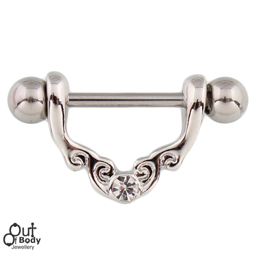 316L Steel Nipple Barbell w/ Gem Set Swirl Nipple Shield