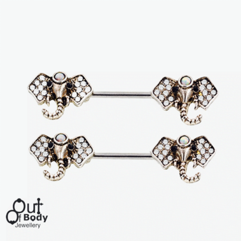 Nipple Barbell Ring with Opal Jewelled Elephants