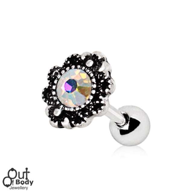 Cartilage/ Helix Aurora Borealis CZ Oval Charm Top Barbell