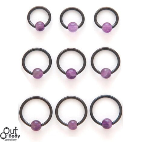 316L Steel Captive Bead Hoop Black Titanium W/ Amethyst Ball