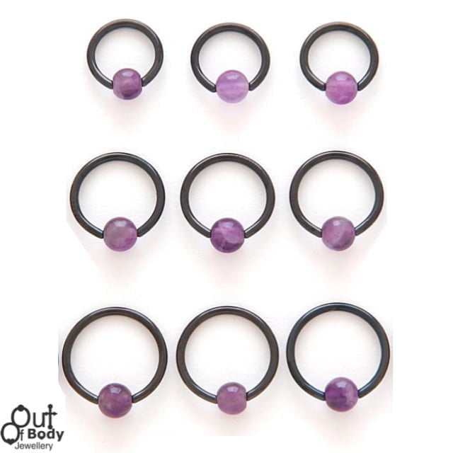316L Steel Captive Bead Hoop Black Titanium W/ Amethyst Ball