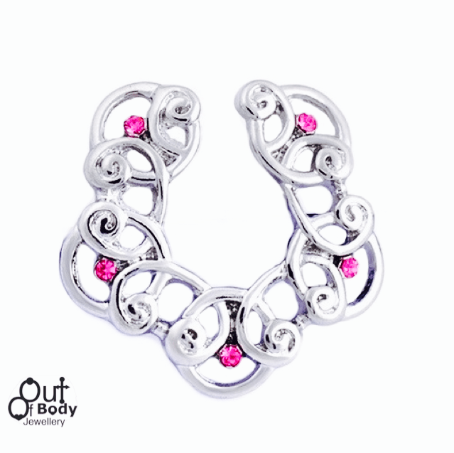 Non Piercing Clip On Pink Crystal Tribal Swirl Nipple Ring