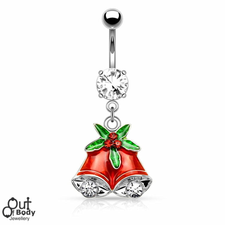 Christmas Navel Ring w/ Gemmed Mistletoe and Bell Dangle