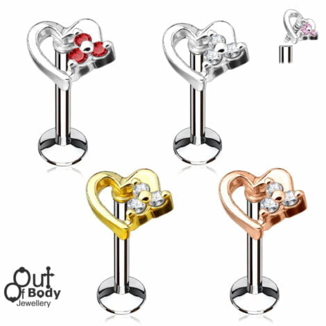 Ear Cartilage Labret Stud CZ Set Hollow Looped Heart