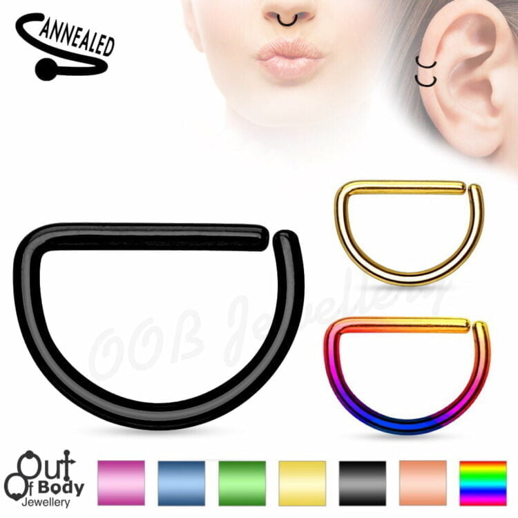 Hoop Nose Ring D Shape Bendable W/ Titanium Anodised Colours