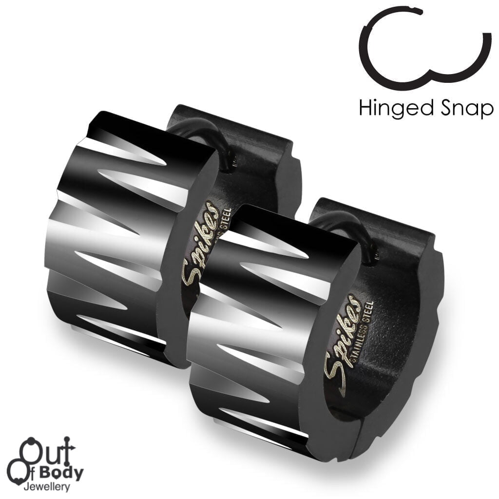 Black Wide Hoop Earrings W/ Tribal Inspired Faceted Cuts
