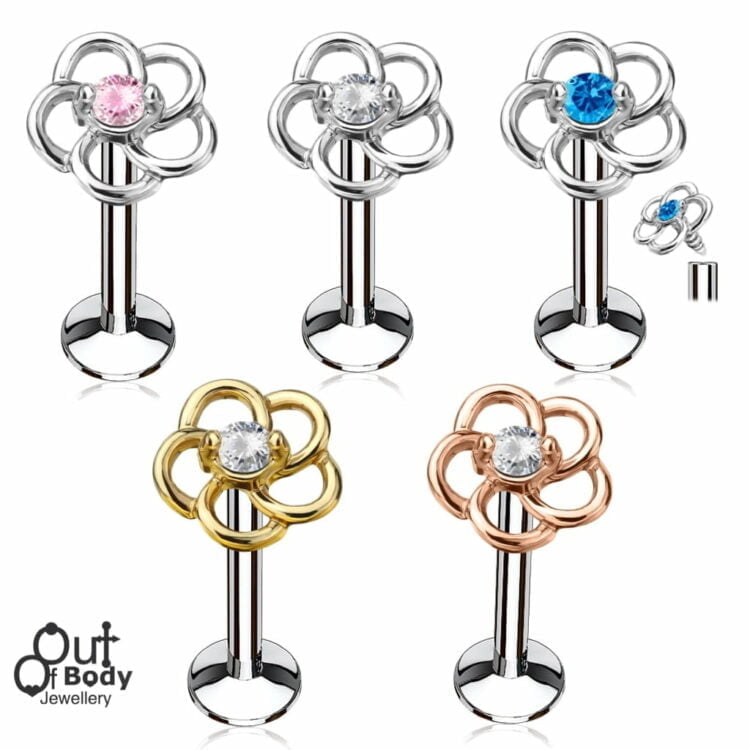 Ear Cartilage Labret with Looped Flower CZ Centered Top