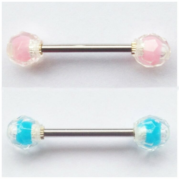 Acrylic Blue or Pink Faceted Balls w/ 316L Steel Tongue Bars