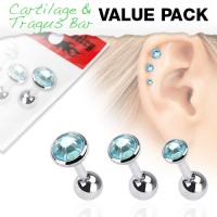 Cartilage/ Tragus Barbell Flat Base Triple Value Pack in Aqua