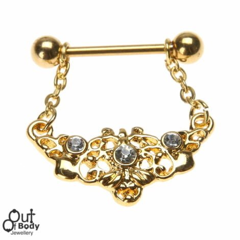 316L Steel Gold Plated Nipple Barbell W/ Tribal Gem Flower Charm