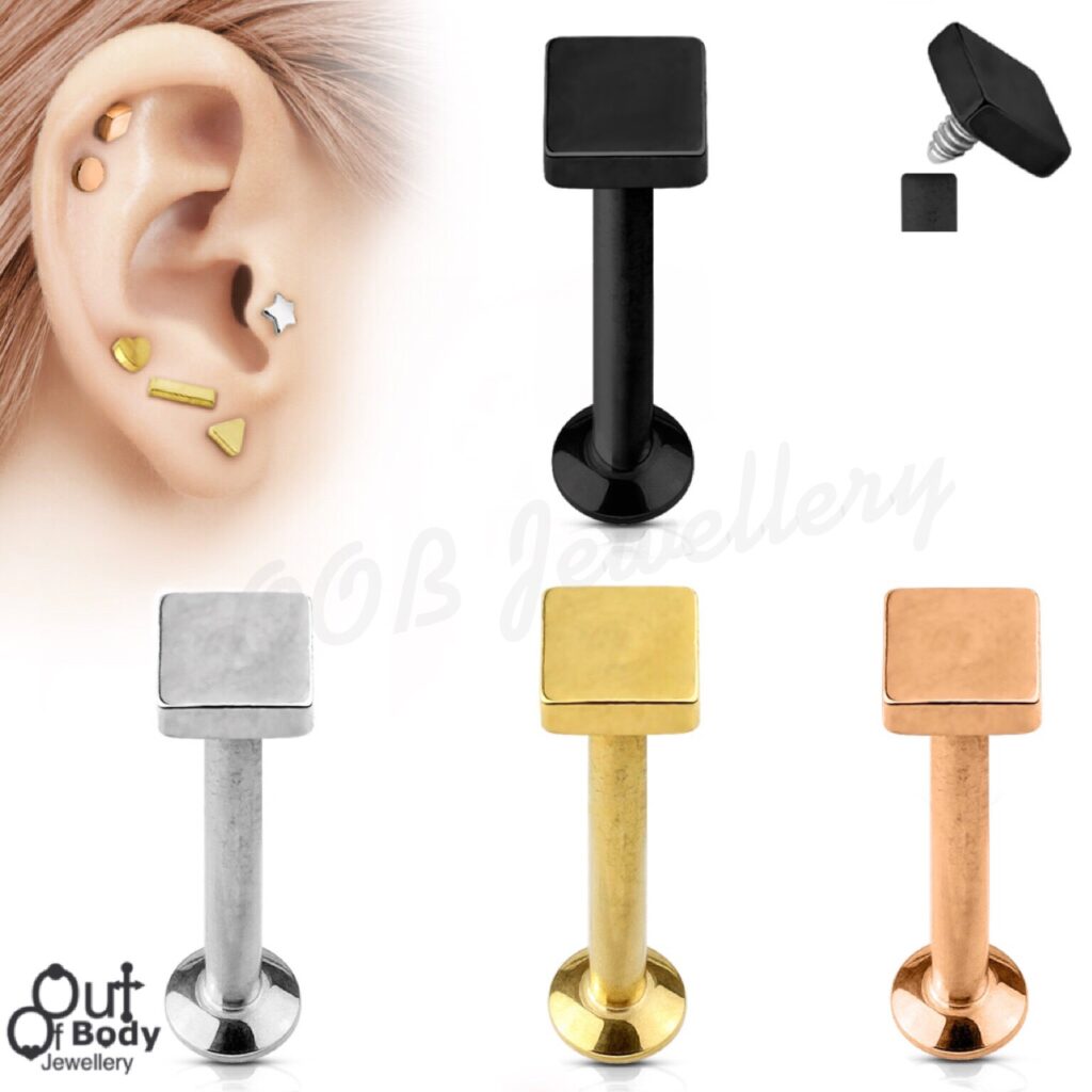 Ear Labret Stud W/ Internal Threaded Square Top