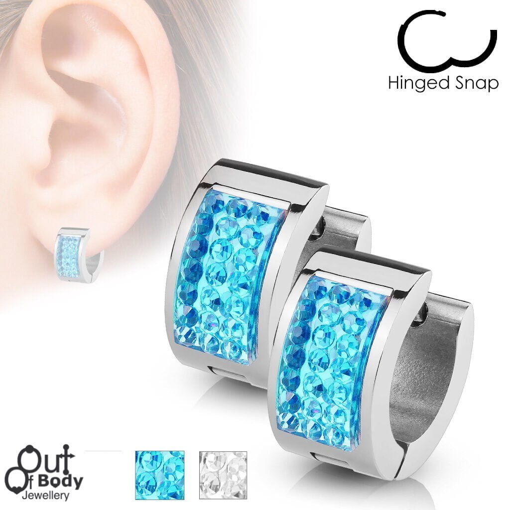 Gem Set Square Front Hoop/ Huggie Earrings Stainless Steel