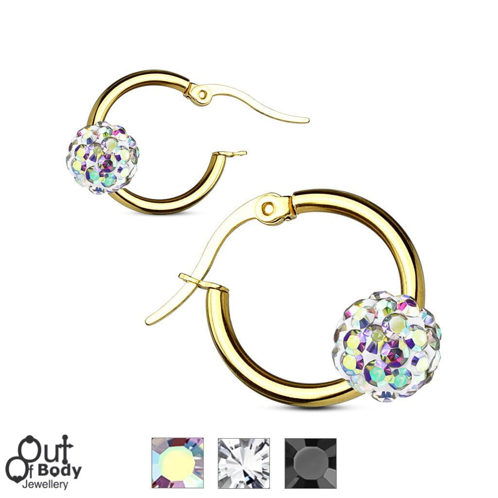 316L S. Steel Hoop Earrings W/ Coloured Crystal Ball  In Gold IP