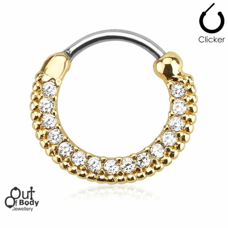Septum Clicker Round Hinged Gem Paved Beaded Gold Ring