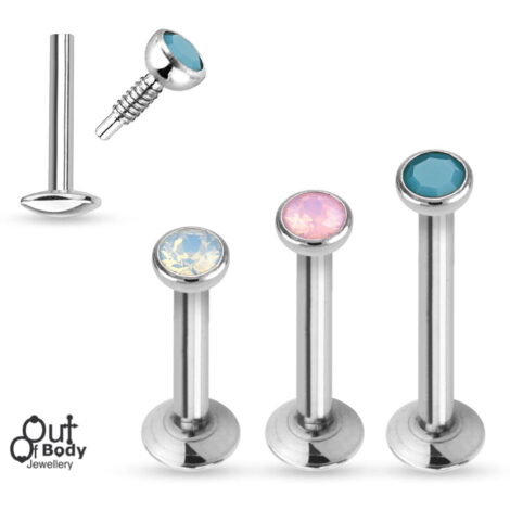 16G Labret Monroe Flat Top Opalite Crystal Internally Threaded