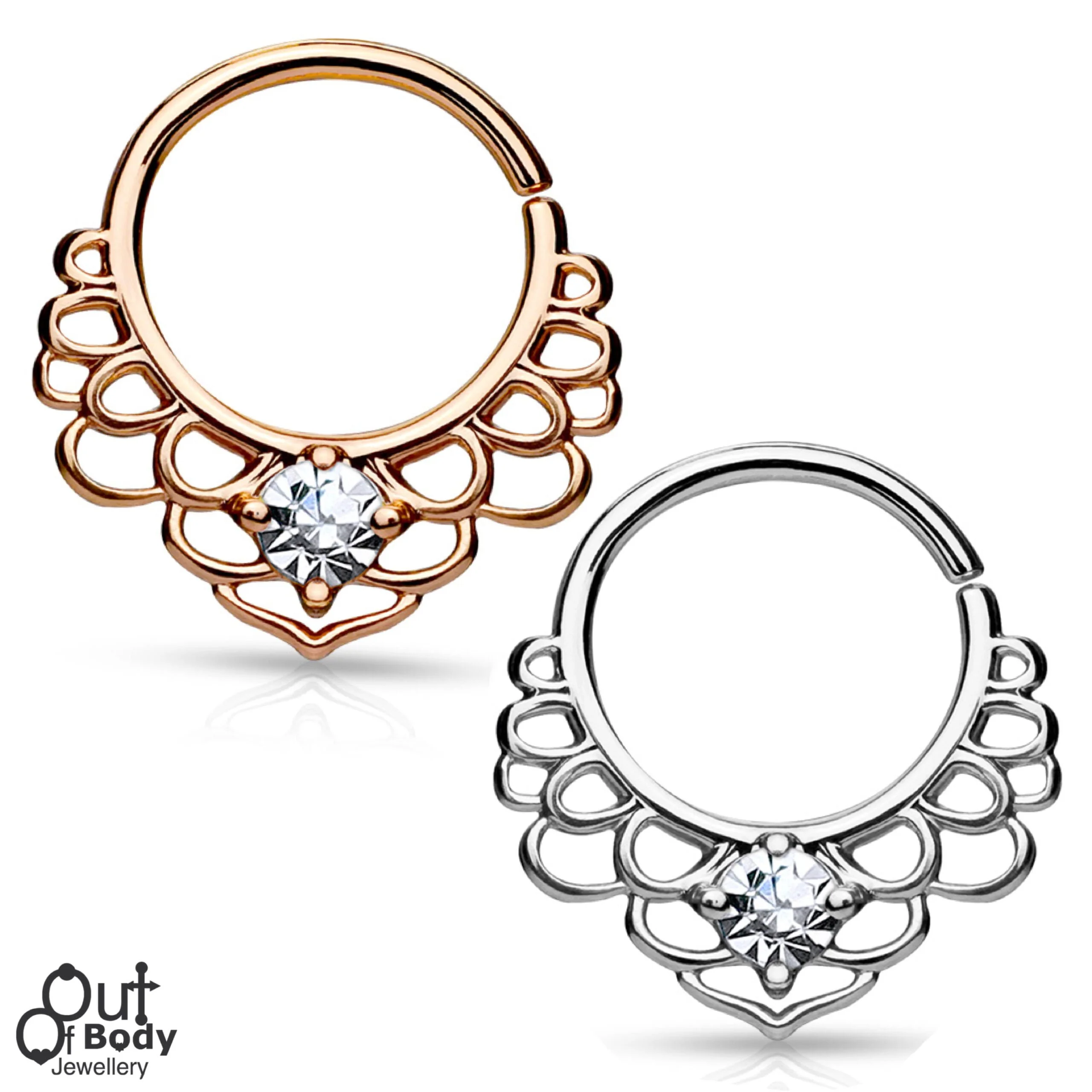 Septum Cartilage/Ear Hoop Ring W/ CZ Set Lotus Filigree