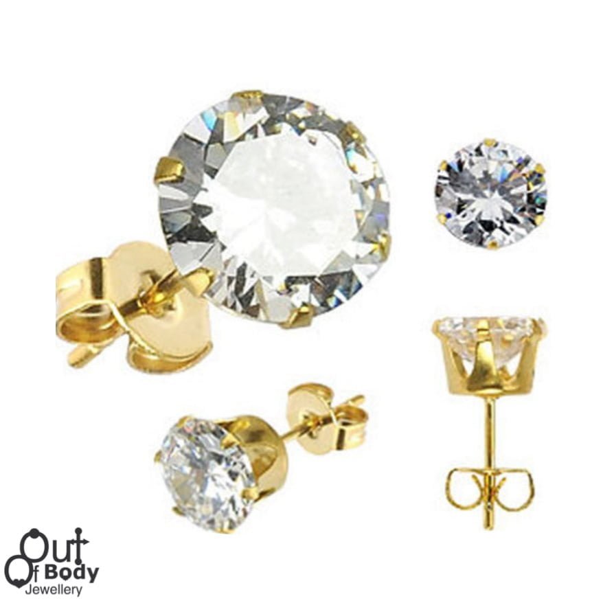 316L Stainless Steel Stud Gold Plated Earrings W/ Round CZ